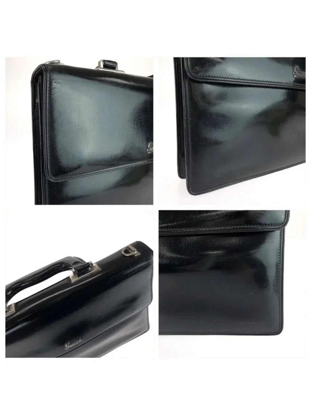 Gucci Vintage Black Silver Leather Business Briefcase